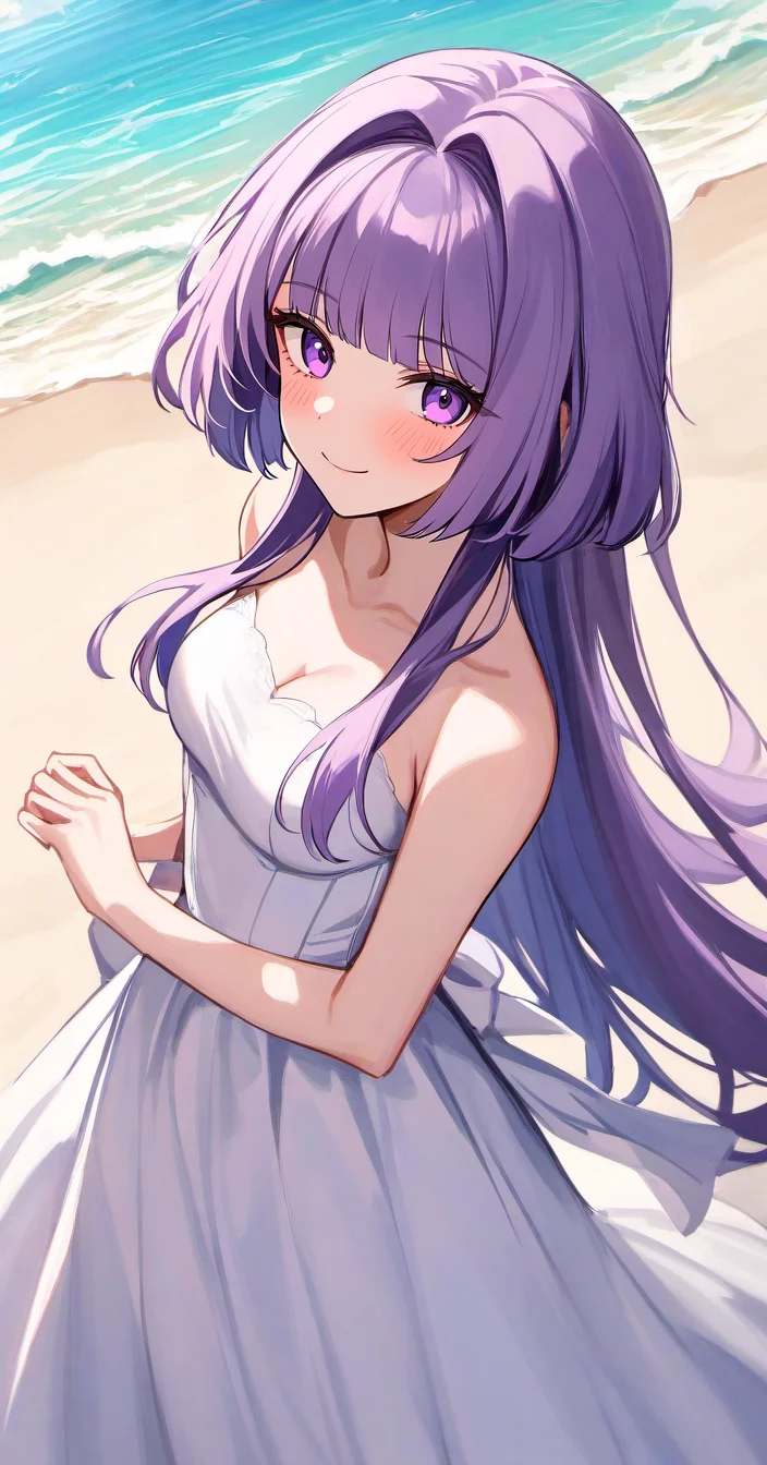 <lora:kuragecut_v1:1> ,kuragecut,1girl,solo,long_hair,very long hair,outdoors,sunny,day,beach,standing,cowboy shot, blush,smile,bangs,breasts,medium_breasts,purple hair,,purple eyes,dress,wedding_dress, looking at viewer,hime_cut,sidelocks,hair intakes,from above