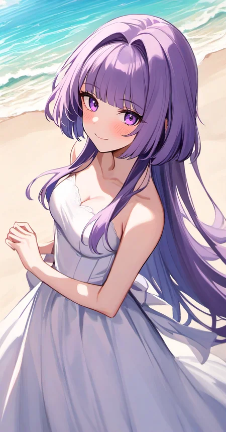 <lora:kuragecut_v1:1> ,kuragecut,1girl,solo,long_hair,very long hair,outdoors,sunny,day,beach,standing,cowboy shot, blush,smile,bangs,breasts,medium_breasts,purple hair,,purple eyes,dress,wedding_dress, looking at viewer,hime_cut,sidelocks,hair intakes,from above