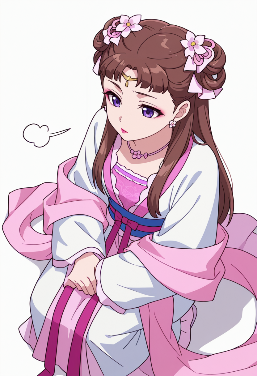 Smooth Quality,masterpiece,very intricate, high quality details, ultra realistic, high detailed skin,detailed enviorement,absurdres,
partially undressed, 
 <lora:Lishu_CNR:0.8> lishu_cnr,brown hair, long hair, purple eyes, makeup, lipstick, lishu_pink_cnr,hanfu, dress, long sleeves, sash, shawl, circlet, flower earrings, necklace,hair flower, hair rings, hair bun,, simple background, white background, from above,
crouching, hands together, foot forward, intense, ready,  ,sigh,