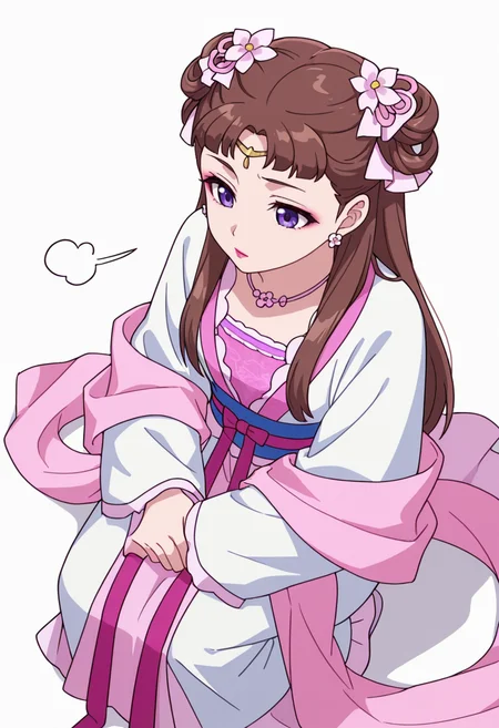Smooth Quality,masterpiece,very intricate, high quality details, ultra realistic, high detailed skin,detailed enviorement,absurdres,
partially undressed, 
 <lora:Lishu_CNR:0.8> lishu_cnr,brown hair, long hair, purple eyes, makeup, lipstick, lishu_pink_cnr,hanfu, dress, long sleeves, sash, shawl, circlet, flower earrings, necklace,hair flower, hair rings, hair bun,, simple background, white background, from above,
crouching, hands together, foot forward, intense, ready,  ,sigh,
