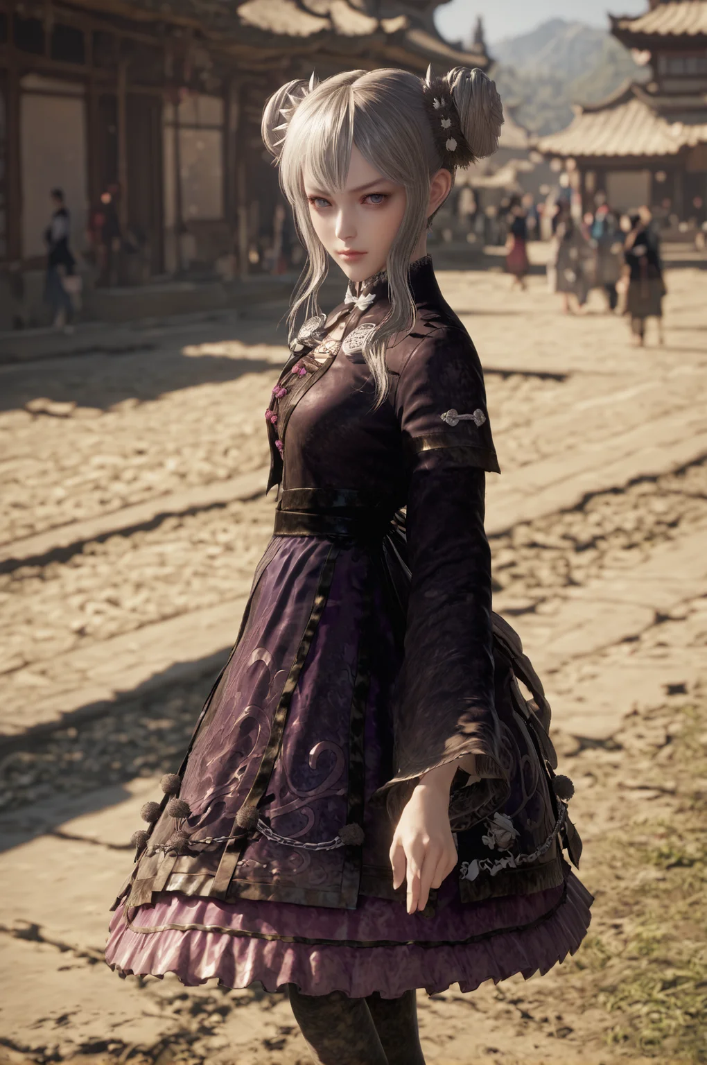 score_9, score_8_up, score_7_up, source_anime, <lora:Dong_Bai:0.8> 1girl, solo, hair bun, grey hair, grey eyes, dress, long sleeves, pantyhose, hair ornament, Standing, looking at viewer