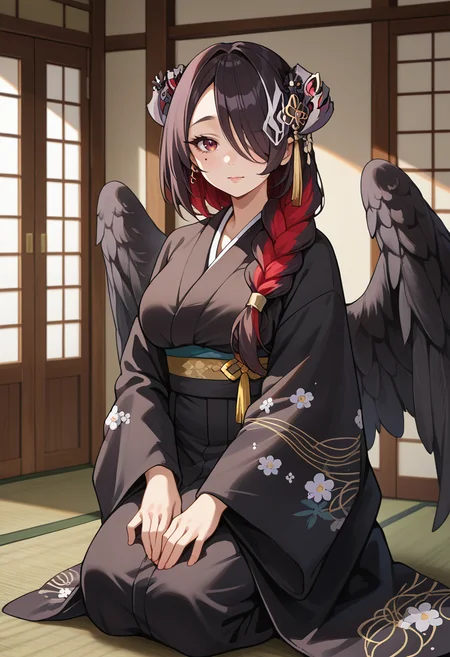 score_9, score_8_up, source_anime, 1girl, solo, Mamarissa, horns, hair ornament, hair flower, long hair, hair over one eye, single braid, multicolored hair, mole under eye, black wings, low wings, indoors, kimono, hair flower, floral print, wariza, kneeling, <lora:ChamMamarissaPonyXL:1>