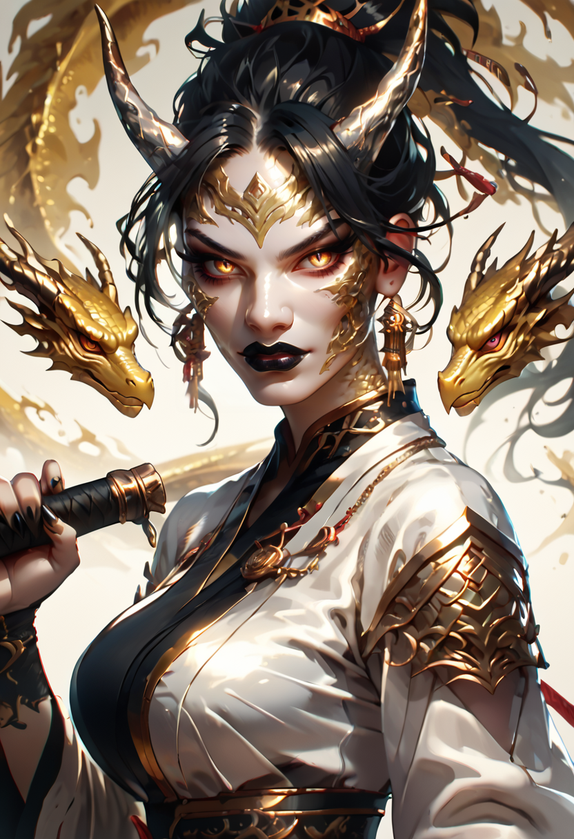 score_9, score_8_up, score_7_up, score_6_up, score_5_up, score_4_up,(fantasy art depicts a golden dragon woman with long black hair, golden scales, dragon face, silver dragon horns, black lipstick:1.2), holding a silver whip <lora:PonyFantasyWarriorsJapan:1>hkwarrior