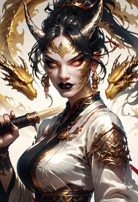 score_9, score_8_up, score_7_up, score_6_up, score_5_up, score_4_up,(fantasy art depicts a golden dragon woman with long black hair, golden scales, dragon face, silver dragon horns, black lipstick:1.2), holding a silver whip <lora:PonyFantasyWarriorsJapan:1>hkwarrior