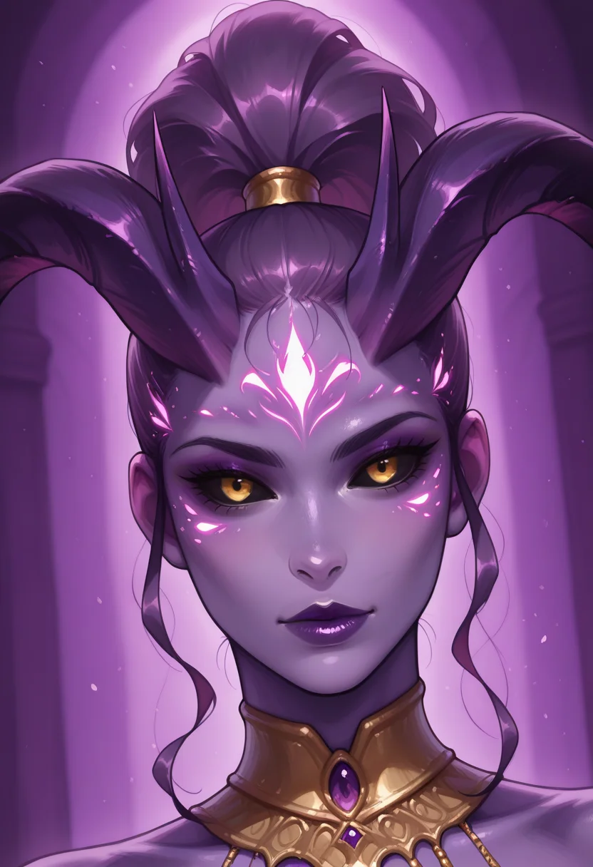 masterpiece, high quality, amazing detail,
1girl, solo,
portrait, face focus, dynamic angle, dynamic lighting, purple lipstick, makeup, long hair, high ponytail, (glowing facial marking),
<lora:Desire_DemonDragon_Age_-_ILLU_by_SulfurSniffer:0.7> ss-d3sd3m-illu, demon girl, black sclera, yellow eyes, horns, purple facial marking, colored skin, purple skin, neck jewelry, <lora:Jeehyung_Lee_-_Artist_style_ILLU_model_by_SulfurSniffer:0.8> ss-JLee-illu, vivid colors, purple theme