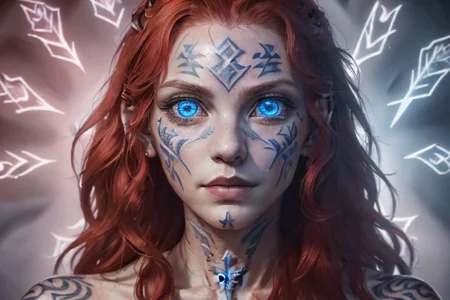 bright red hair, human female, (feminine:1.7), (beautiful face, detailed face:1.6), (beautiful eyes, detailed eyes:1.7), (looking at viewer, eye contact, intense:1.6), (long hair, red hair, curly hair:1.3), , ((masterpiece, best quality, high resolution, realistic, best quality,)), photo realistic, Perfect Face, (detailed face). <lora:GoodHands-vanilla:0.6> <lora:add-detail-xl:0.8>, mage, (Dress White military uniform coat), dagger, rune dagger, glowing runes, , (((glowing magic symbols tattoos, religious tattoos))), ((face tattoos)), glowing tattoos, stone tower in the background