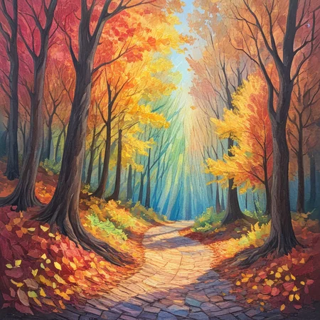 ArsMJStyle, Oil Pastels ,<lora:Oil_Pastels:1>, <lora:add-detail-xl:1.2> Autumn forest path, dappled sunlight through leaves, rich reds and golds, textured tree bark, fallen leaves with visible pastel strokes, sense of depth through color intensity