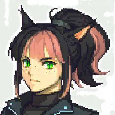 score_9, score_8_up, score_7_up BREAK  <lora:clamXIVMC_v31:1> xivmc, animal ears, two-tone hair, ponytail, green eyes, slit pupils, freckles, leather jacket, turtleneck, <lora:zs_FEGBAPortraitsXL:1> fegbaportraits, portrait, white background