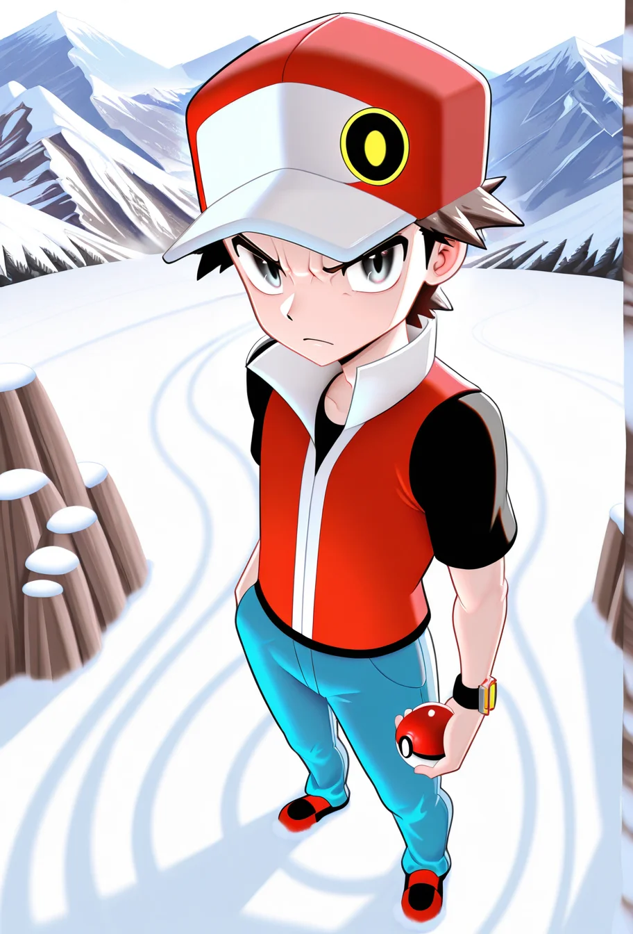 masterpiece, best quality, absurdres, 1boy, solo, <lora:Kasniff_r1:1>, Kasniff, red \(pokemon\), outdoors, mountain, snow, holding pokeball, full body, serious expression, from above