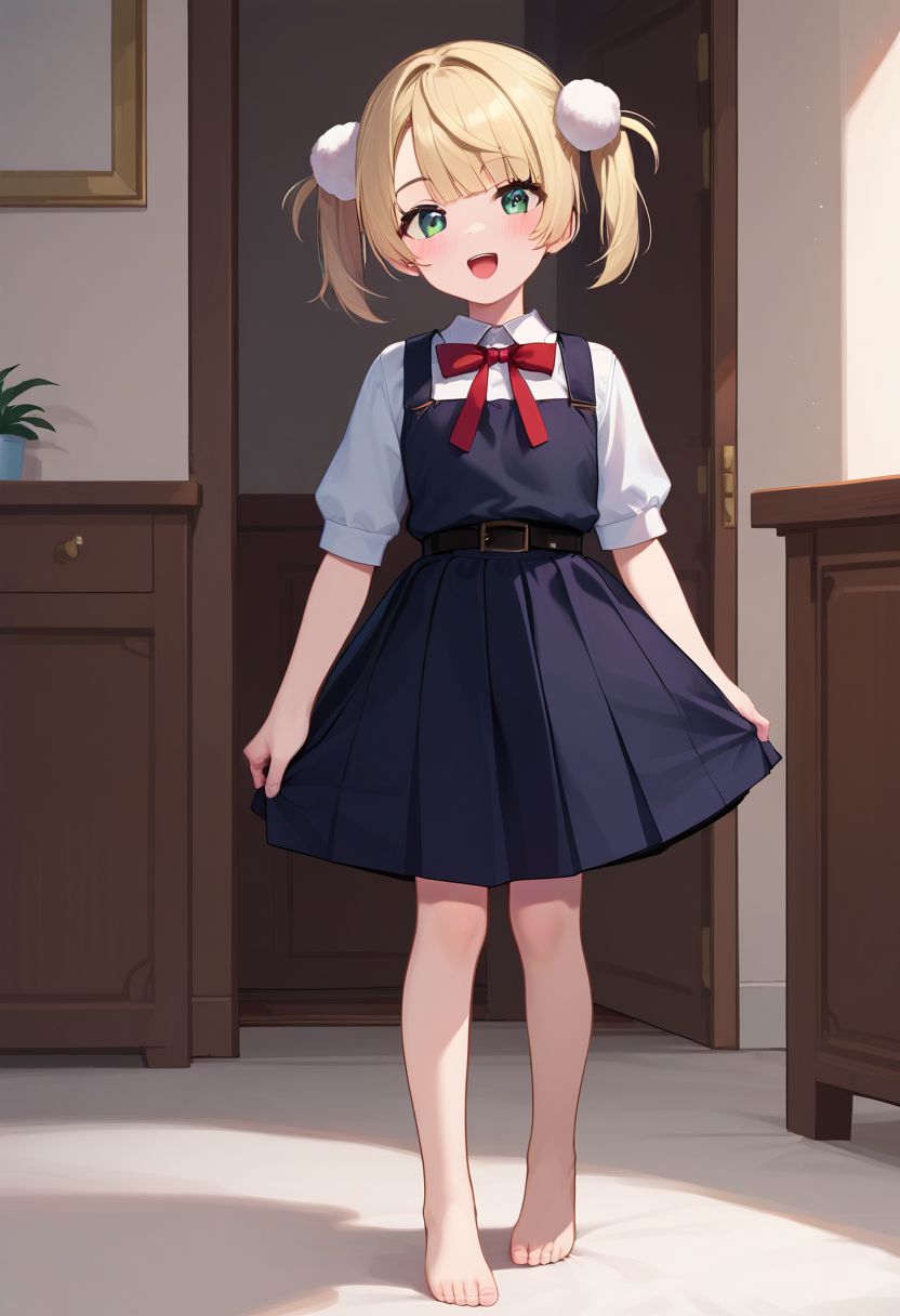 score_9, score_8_up, score_7_up, score_6_up, score_5_up, score_4_up, source_anime, masterpiece, 
fair skin, cute, young, petite, thin waist, beautiful legs, barefoot, blushing,
look at viewer, from front, straight-on, full body view, 
shigureui-requiem,shigure ui \(vtuber\),green eyes, blonde hair,short hair,twintails,pom pom hair ornament,pinafore dress,
standing,