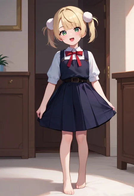score_9, score_8_up, score_7_up, score_6_up, score_5_up, score_4_up, source_anime, masterpiece, 
fair skin, cute, young, petite, thin waist, beautiful legs, barefoot, blushing,
look at viewer, from front, straight-on, full body view, 
shigureui-requiem,shigure ui \(vtuber\),green eyes, blonde hair,short hair,twintails,pom pom hair ornament,pinafore dress,
standing,