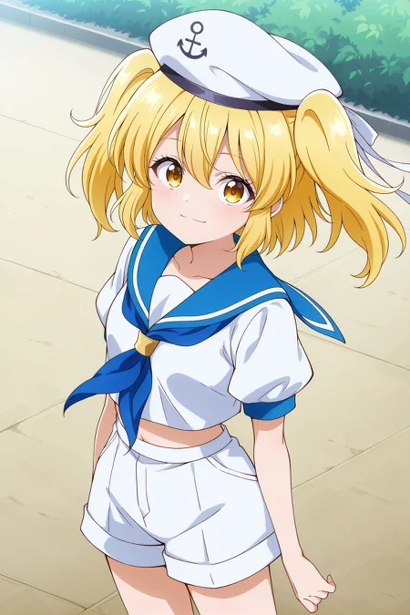 absurdres, highres, masterpiece, best quality, amazing quality, official anime artwork, screencap, anime screencap, outdoors, looking at viewer, light smile, dynamic pose, standing,
<lora:Chiyuri-Kitashirakawa_Illustrious:1> kitashirakawa chiyuri, 1girl, solo, yellow eyes, blonde hair, two side up, small breasts,, sailor hat, white hat, blue neckerchief, blue sailor collar, sailor shirt, white shirt, cropped shirt, puffy short sleeves, white shorts, from above,