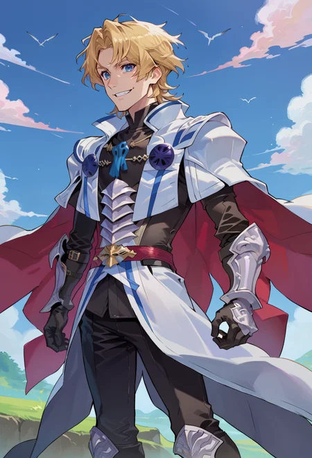 score_9, score_7_up, source_anime, BREAK  <lora:Taiki Dendro:0.9> taiki, art,, solo, smile, 1boy, blue eyes, medium blonde hair, parted bangs, hair intakes,, armor, pauldrons, cuirass, gauntlets, waist cape, greaves, black bodysuit, surcoat, shoulder sash, wing shoulder armor, cape, pants,