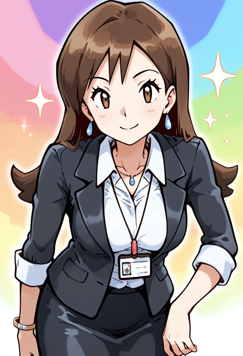 hinosaki, [[leveen]], 2d, masterpiece, best quality, amazing quality, 1girl, solo, close-up, standing, smile, upper body, leaning_forward, looking at viewer, multicolored background, sparkle, rainbow background, colorful background,lass \(pokemon rby\), brown eyes, brown hair, long hair, bangs, masterpiece, best quality, amazing quality, highres, absurdres, newest, adult body, mature female, grown up, medium breasts, office lady,black jacket, collared shirt, pencil skirt, black skirt, bracelet, necklace, earrings