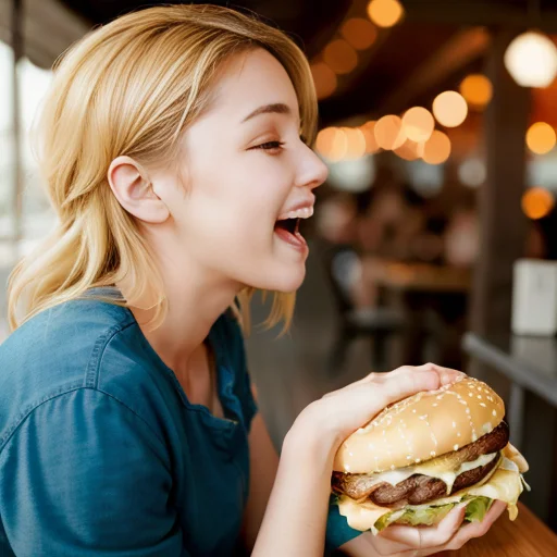 woman, centered, eating a hamburger, two hands, <lora:Eatingburger:0.5>, blue shirt, side view, teeth, one hamburger, beach, cheese, holding food, full body, photorealistic, solo, blonde, ambient lights