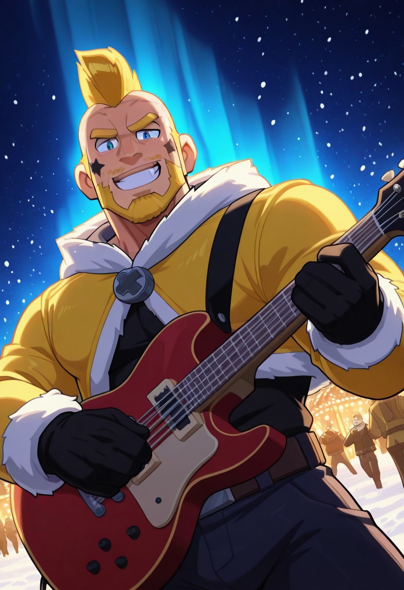mbtiesfp, 1boy, blonde, short hair, black star on face,, yellow jacket, white winter coat, winter gloves, black shirt, looking at viewer, smirk, grin, happy, brawlStars, in the amusement park, pants, portrait, half body, upper body, blue eyes, shaved mohawk, source_cartoon, 2d, bara, manly, muscular, 3/4 view, night sky, aurora in the sky, snow, playing guitar, {{holding red electric guitar}}, in the concert, ((floating colorful muscial notes)), snowstorm, Side View, Pec focus, left view, warm lighting, with people walking background, {{colorful glowing musical notes}}, yellow eyebrows, yellow chin hair, facial hair, dutch angle, Vinlandsagastyle-IL.V1.0