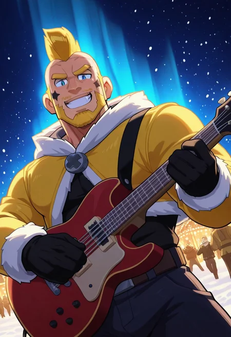 mbtiesfp, 1boy, blonde, short hair, black star on face,, yellow jacket, white winter coat, winter gloves, black shirt, looking at viewer, smirk, grin, happy, brawlStars, in the amusement park, pants, portrait, half body, upper body, blue eyes, shaved mohawk, source_cartoon, 2d, bara, manly, muscular, 3/4 view, night sky, aurora in the sky, snow, playing guitar, {{holding red electric guitar}}, in the concert, ((floating colorful muscial notes)), snowstorm, Side View, Pec focus, left view, warm lighting, with people walking background, {{colorful glowing musical notes}}, yellow eyebrows, yellow chin hair, facial hair, dutch angle, Vinlandsagastyle-IL.V1.0