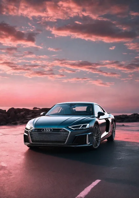 Audi a8,audir84ssports car,vehicle focus,professional photo,seaside,sun,pink sky,aesthetic,science fiction,sci-fi scenario,natural light,highly detailed,(highly detailed background),detailed textures,wide angle,8k,HDR,professional photoshoot,high quality photo,realistic photo,realistic shadows,detailed shadows,realistic proportions,film grain,raw photo,(raytracing),slate atmosphere,cinematic,dimmed colors,dark shot,muted colors,film grainy,lut,spooky,<lora:Audi a8:1>,