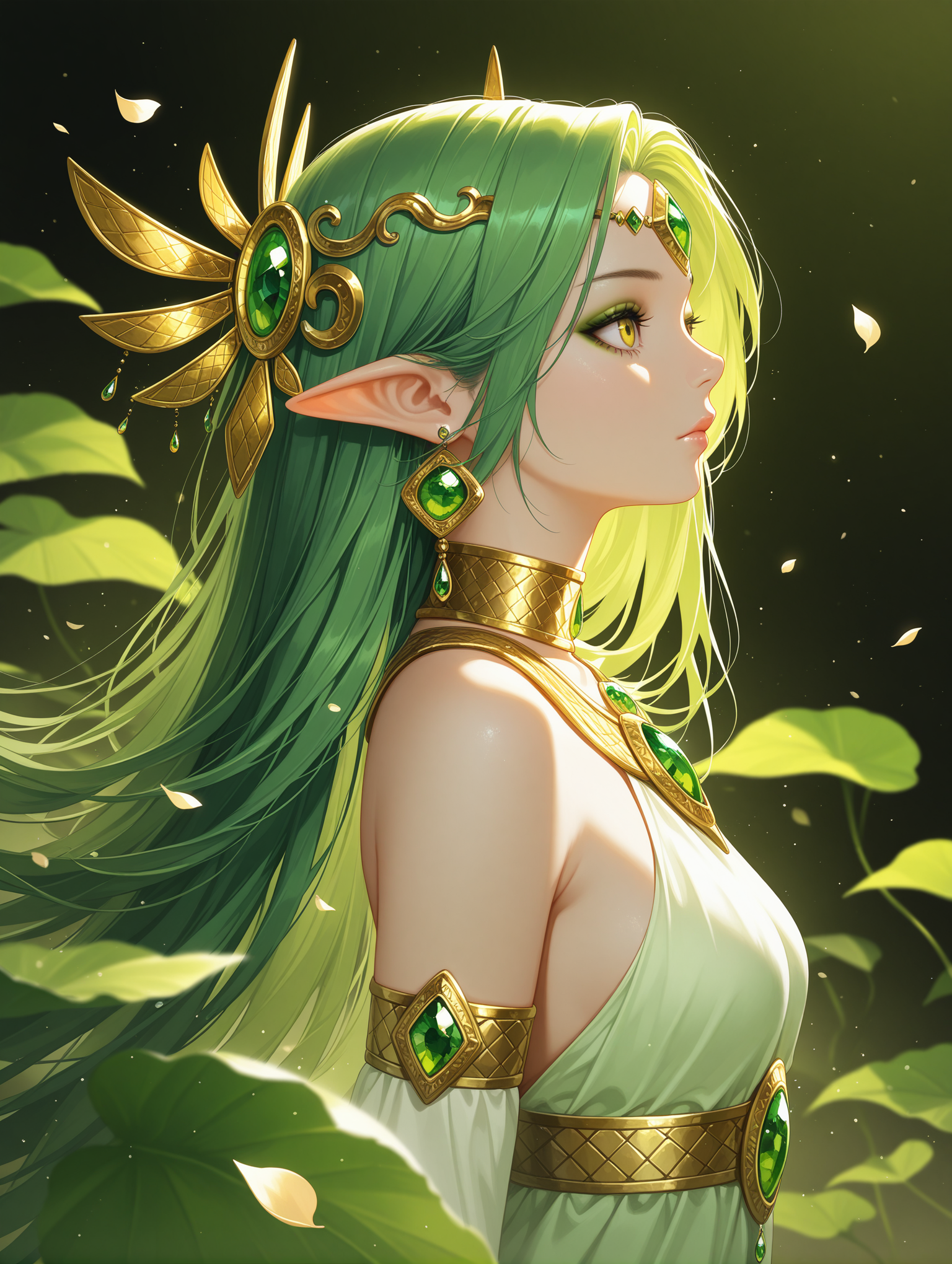 realistic, cowboy shot, 
1girl, solo, long_hair, hair_ornament, closed_mouth, jewelry, yellow_eyes, earrings, green_hair, pointy_ears, from_side, eyelashes, lips, petals, profile, makeup, glowing, leaf, portrait, gem, light_particles, eyeshadow, circlet, forehead_jewel, green_theme, gold, falling_leaves, green_gemstone, depth of field,
,masterpiece,best quality,amazing quality,