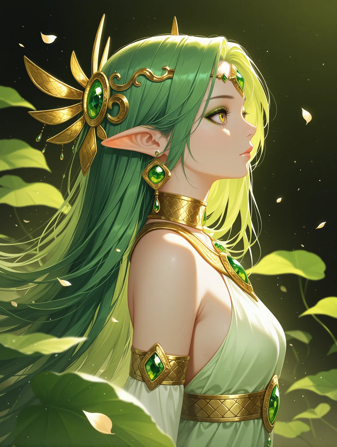 realistic, cowboy shot,
1girl, solo, long_hair, hair_ornament, closed_mouth, jewelry, yellow_eyes, earrings, green_hair, pointy_ears, from_side, eyelashes, lips, petals, profile, makeup, glowing, leaf, portrait, gem, light_particles, eyeshadow, circlet, forehead_jewel, green_theme, gold, falling_leaves, green_gemstone, depth of field,
,masterpiece,best quality,amazing quality,