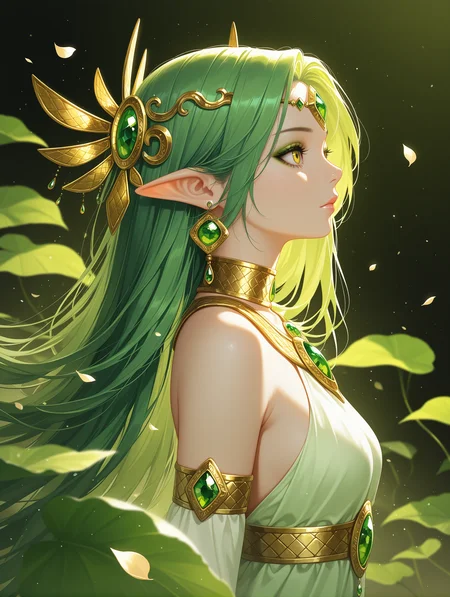 realistic, cowboy shot,
1girl, solo, long_hair, hair_ornament, closed_mouth, jewelry, yellow_eyes, earrings, green_hair, pointy_ears, from_side, eyelashes, lips, petals, profile, makeup, glowing, leaf, portrait, gem, light_particles, eyeshadow, circlet, forehead_jewel, green_theme, gold, falling_leaves, green_gemstone, depth of field,
,masterpiece,best quality,amazing quality,