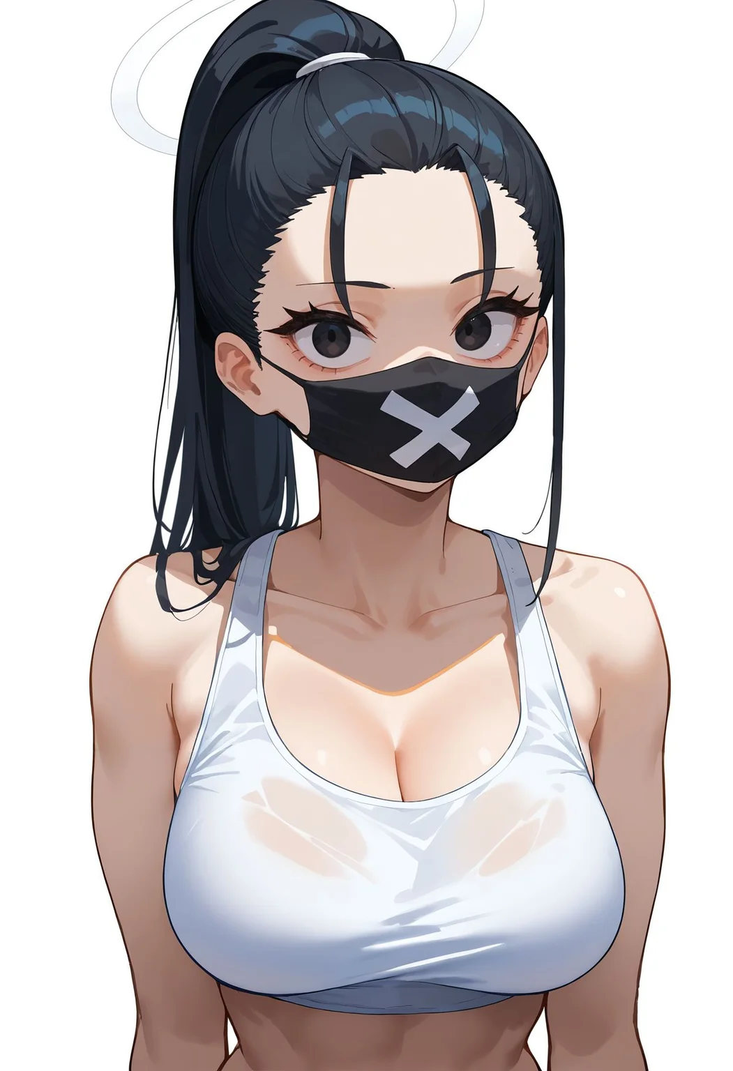 score_9,score_8_up,score_7_up, <lora:sukeban_smg_blue_archive_pdxl_goofy:1>sukebanBa,1girl, black eyes, black hair, black mask, breasts, crop top, delinquent, halo, large breasts, long hair, looking at viewer, mask, mask pull, mouth mask, ponytail, simple background, solo, unworn mask, white background