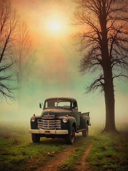 Interstellar. Farmhouse. Vintage truck. Early morning mist.

<lora:Tonalism01b_CE_XL_300-OT:0.8> tnlsmCE_style