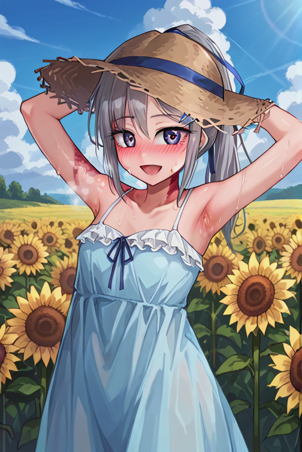 score 9,score 8 up,score 7 up,rating questionable,detailed background,aroused,cinematic lighting,dynamic lighting,uncensored,
,sylvie <lora:sylvie.pony:1>,silver hair, ponytail,blue ribbon, 
steaming body,sensual,alluring,sweatdrop,heavy breathing,
outdoors,sunflower field,summer,blue sky,thunderclouds,light blue sundress,straw hat,sunlight,
smile,open mouth,armpits,sweat,