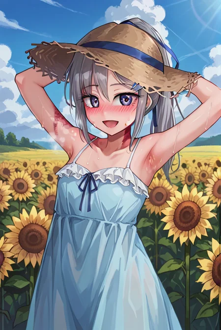 score 9,score 8 up,score 7 up,rating questionable,detailed background,aroused,cinematic lighting,dynamic lighting,uncensored,
,sylvie <lora:sylvie.pony:1>,silver hair, ponytail,blue ribbon,
steaming body,sensual,alluring,sweatdrop,heavy breathing,
outdoors,sunflower field,summer,blue sky,thunderclouds,light blue sundress,straw hat,sunlight,
smile,open mouth,armpits,sweat,