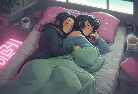 score_9,score_8_up,score_7_up,score_6_up, 2girls, both girls in bed, next to each other, both are sleeping, girls are spooning, spooning, spoon cuddling, cuddling, love, loving cuddle,
sleeping in bed next to a large window, eyes closed, sleeping, steaming coffee cup on windowsill, wearing croptop hoodie, black croptop hoodie, long hair, black hair, low ponytail hairstyle, head resting on pillow, laying on the bed, hoodie, plants on the windowsill, facing viewer, tidy bedroom, small room, cramped bedroom, teddies on the bed, pink pillows, wearing legging, see through thights, black tights, cyberpunk city view out of the window, neon light, purple neon lights,