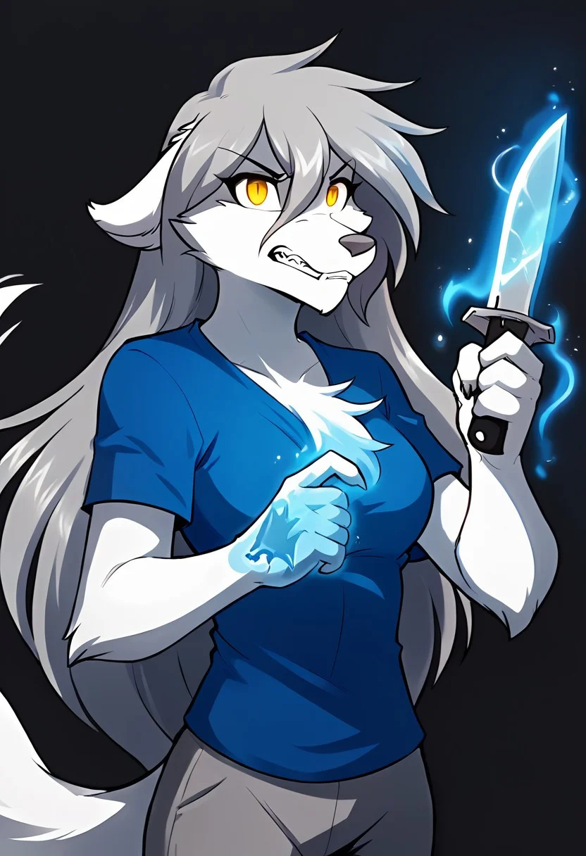 score_9, score_8_up, score_7_up,score_6_up,score_5_up, source_furry
BREAK
solo, furry female anthro, long hair, medium breasts, (insane eyes, very angry, clenched teeth, looking at viewer), blue shirt, grey pants, breasts outline, (standing, basic background, black background), upper body shot, knife, knife in hand, blue magic, blue magic on knife, blue magic around body, blue magic around head, blue magic around legs, blue magic around hands, blue magic aura
BREAK
<lora:Raine-Twokinds-SDXL-AnonTK-V1:0.85>, raine-twokinds, keidran, mammal, wolf tail, yellow eyes, <lora:p:0.35>