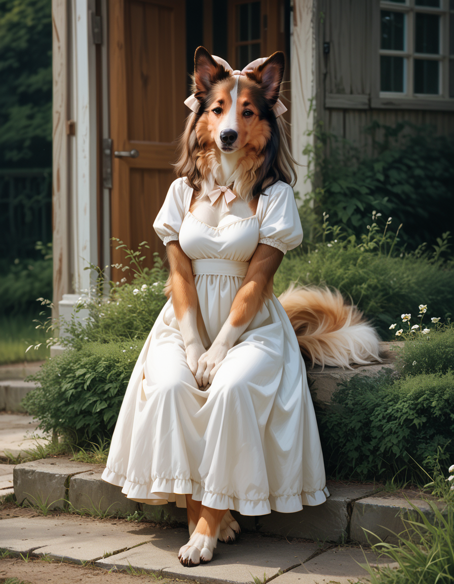 score_9, score_8_up, score_7_up, score_6_up, score_5_up, score_4_up, hud_c0llie_can1ne, solo, dog, furry, breasts, dress, hairbow, <lora:collie:0.8>, outdoors, full body, wing hug