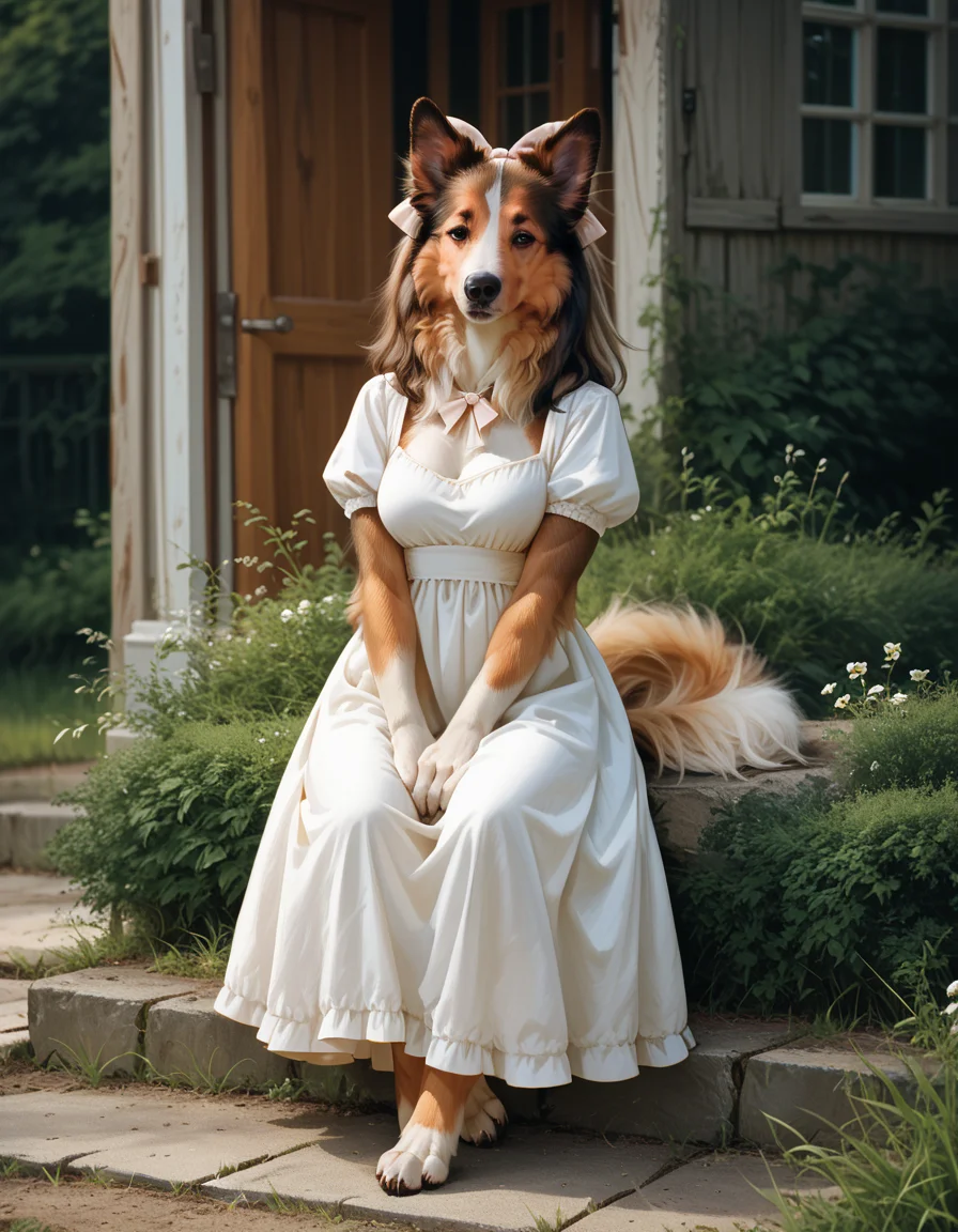 score_9, score_8_up, score_7_up, score_6_up, score_5_up, score_4_up, hud_c0llie_can1ne, solo, dog, furry, breasts, dress, hairbow, <lora:collie:0.8>, outdoors, full body, wing hug
