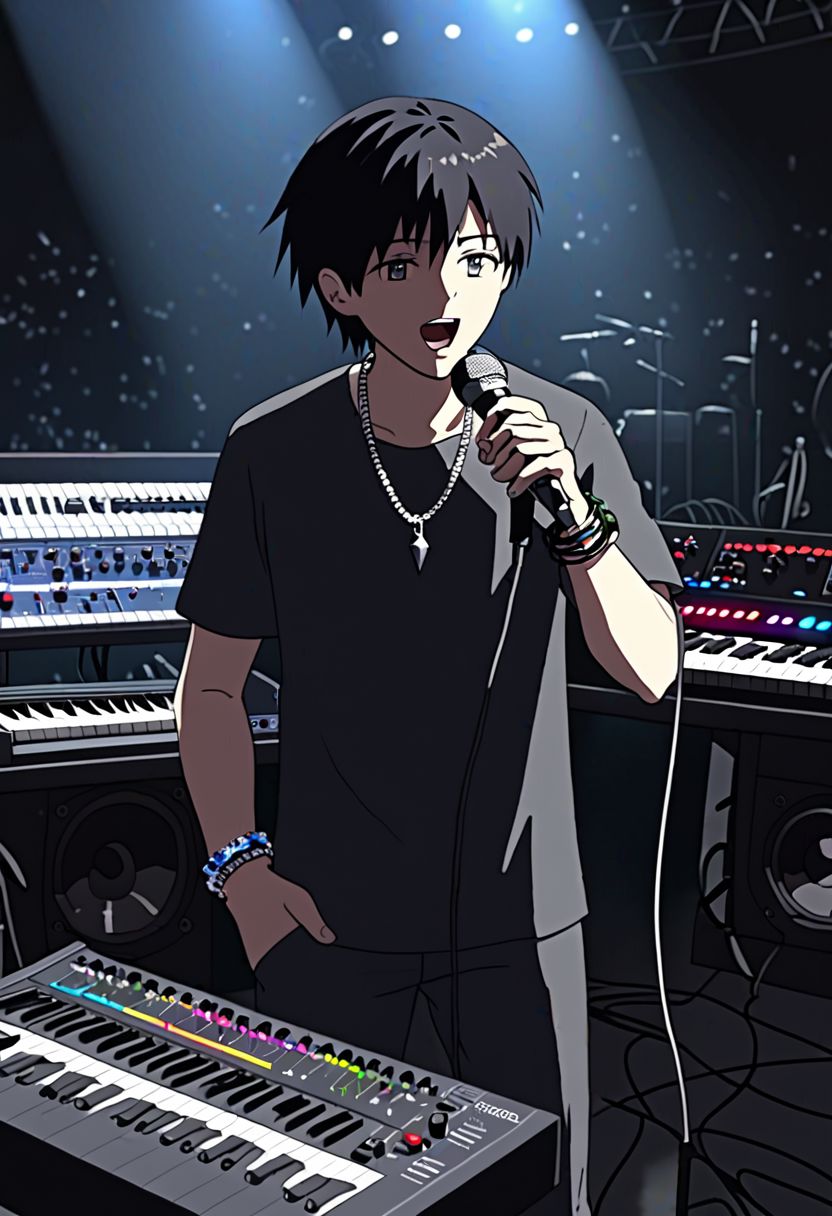 Highres, Masterpiece, High Quality, 4K, 8K, solo, 1Boy, Takaki Toono, adult, black hair, short hair, idol, singing, big stage, spotlight, virtual concert, microphone, cable, musical instrument, speaker, equalizer, synth, enthusiast, necklace, bracelet, ring, watch, anklet, earrings, easynegative, detailed_eye_model