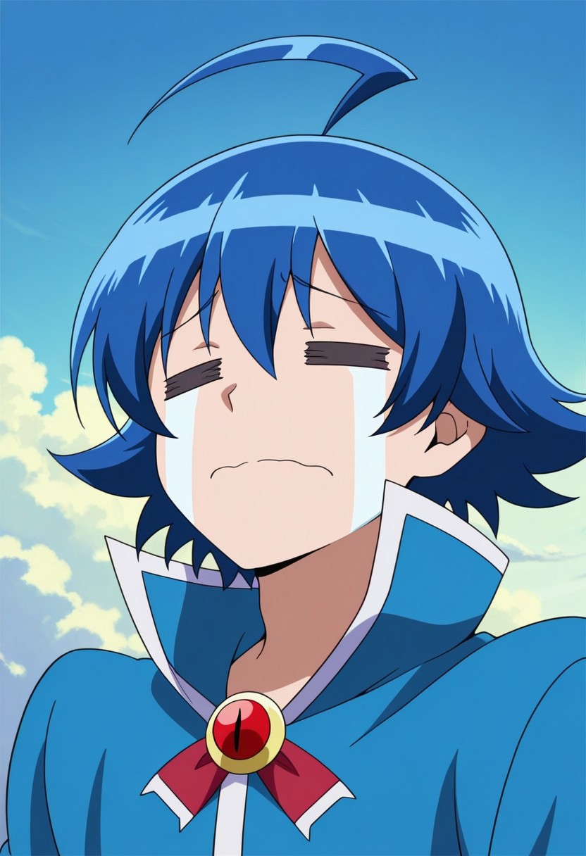 masterpiece,best quality,amazing quality, source_anime,
IrumaSuzuki, 1boy, male focus, solo, closed eyes, blue hair, ahoge, hair between eyes, school uniform, jacket, blue jacket, popped collar, brooch, bowtie, portrait, streaming tears, = =,
outdoor, sky, day, clouds,