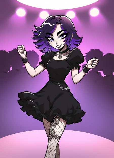 (masterpiece), (best quality), (ultra-detailed), score_9,score_8_up,score_7_up,score_6_up, source_cartoon, afs_ksusha, 1girl, , black eyeshadow, black eyebrows, black lipstick, black freckles around nose, cross earrings,detailed purple eyes, short spiky hair, bangs, dark purple hair, purple gradient hair color, multicolored hair, short sleeves, puffy sleeves, choker with pentagram necklace, casual dress, black nails, fishnets, happy, smiling, tattoo on legs, (action packed, pov, dancing , crowded club scenery:1.3), illustration, disheveled hair, detailed eyes, perfect composition, moist skin, intricate details, earrings, by wlop, score_9,score_8_up,score_7_up,score_6_up, source_cartoon, afs_ksusha, 1girl,, black eyeshadow, black eyebrows, black lipstick, black freckles around nose, cross earrings,detailed purple eyes, short spiky hair, bangs, dark purple hair, purple gradient hair color, multicolored hair, short sleeves, puffy sleeves, choker with pentagram necklace, casual dress, black nails, fishnets, happy, smiling, tattoo on legs, (action packed, pov, dancing, crowded club scenery:1.3), sharp focus, detail, ambient light, magic, stunning, attractive, intricate