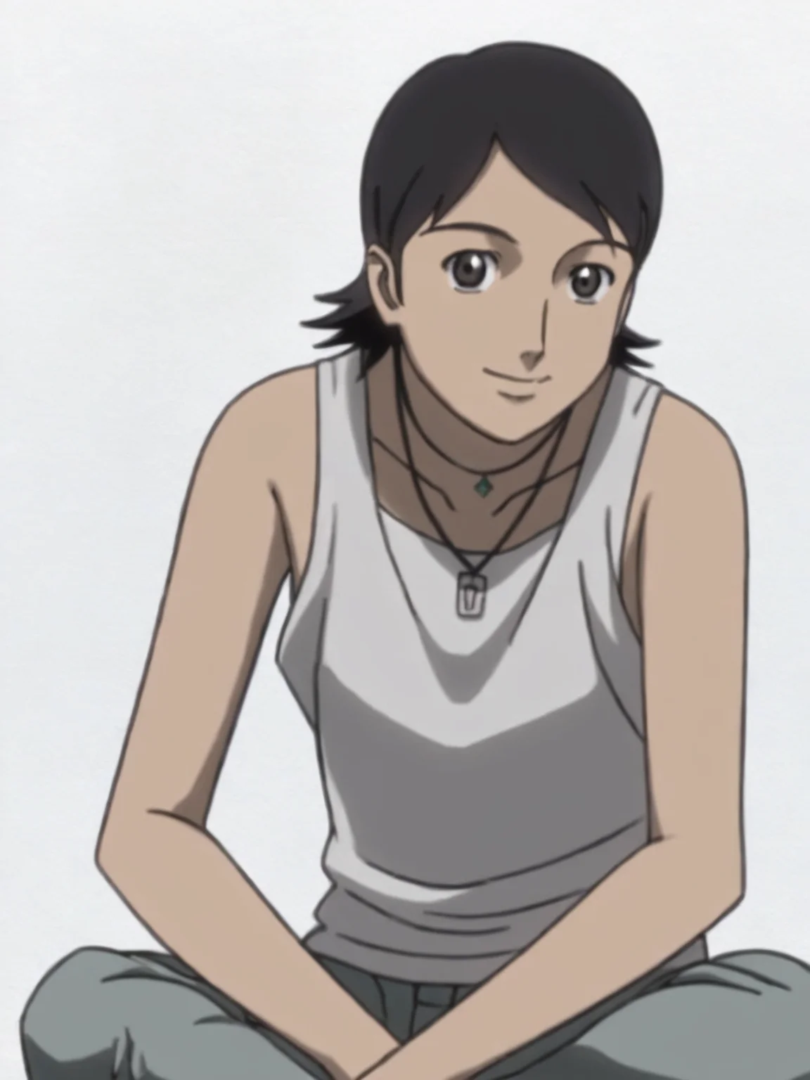 score_9, source_anime, BREAK, white background, <lora:Chai_PDXL:0.8> chai, tank top, necklace, jeans, ((aged up, adult:1.3)), upper body, v:1.2, smile, sitting, otoko no ko