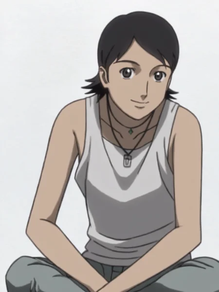 score_9, source_anime, BREAK, white background, <lora:Chai_PDXL:0.8> chai, tank top, necklace, jeans, ((aged up, adult:1.3)), upper body, v:1.2, smile, sitting, otoko no ko