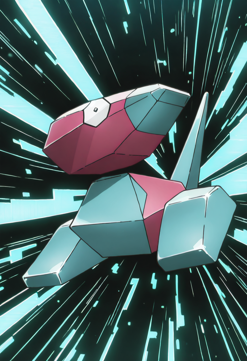 masterpiece, best quality, anime screencap, solo,   zzPorygon, drifting weightlessly through cyberspace as binary code rains around, leaving behind a trail of refracted light and echoing pixels.     ,<lora:PorygonPokedex_IXL:1.0>,