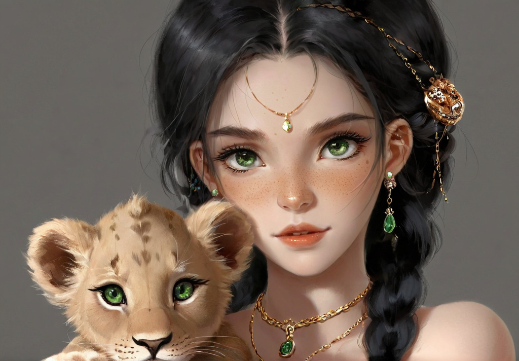 <lora:wlop_mobei:0.8>,wlop, The image portrays a detailed and intricately designed character. The character has a fair complexion, with green eyes that are captivating and appear to be gazing directly at the viewer. Her black hair is adorned with a mix of jewelry, including earrings, a head chain, and braids. The character is also wearing a necklace with a prominent gem. She has freckles on her face and lips. The character is holding a young lion cub close to her, The overall mood of the image is serene and mystical, with the character's attire and the lion cub adding a touch of wildness.