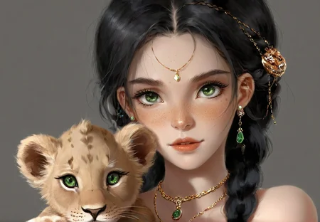<lora:wlop_mobei:0.8>,wlop, The image portrays a detailed and intricately designed character. The character has a fair complexion, with green eyes that are captivating and appear to be gazing directly at the viewer. Her black hair is adorned with a mix of jewelry, including earrings, a head chain, and braids. The character is also wearing a necklace with a prominent gem. She has freckles on her face and lips. The character is holding a young lion cub close to her, The overall mood of the image is serene and mystical, with the character's attire and the lion cub adding a touch of wildness.