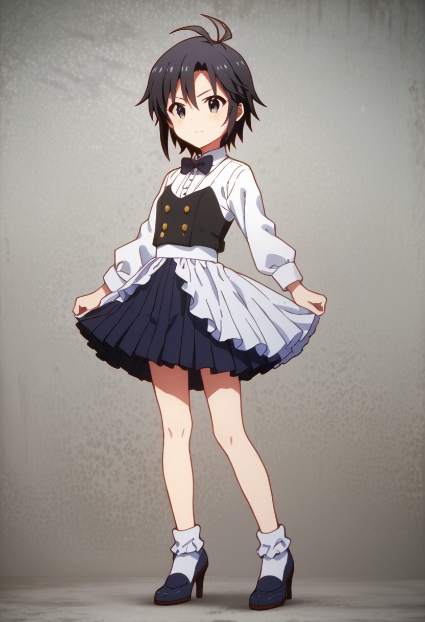 score_9,score_8_up,score_7_up,score_6_up,source_anime, <lora:Worldly_XL:1>
1girl, solo, <lora:KikuchiMakoto_pony_v1:0.9> kikuchi_makoto_\(tuxedo\), kkcmkt, short hair, black hair, antenna hair, hair between eyes, black eyes, flat chest, small breasts, long legs, shoes, delicate strappy heels 
zPDXL, zPDXL-neg