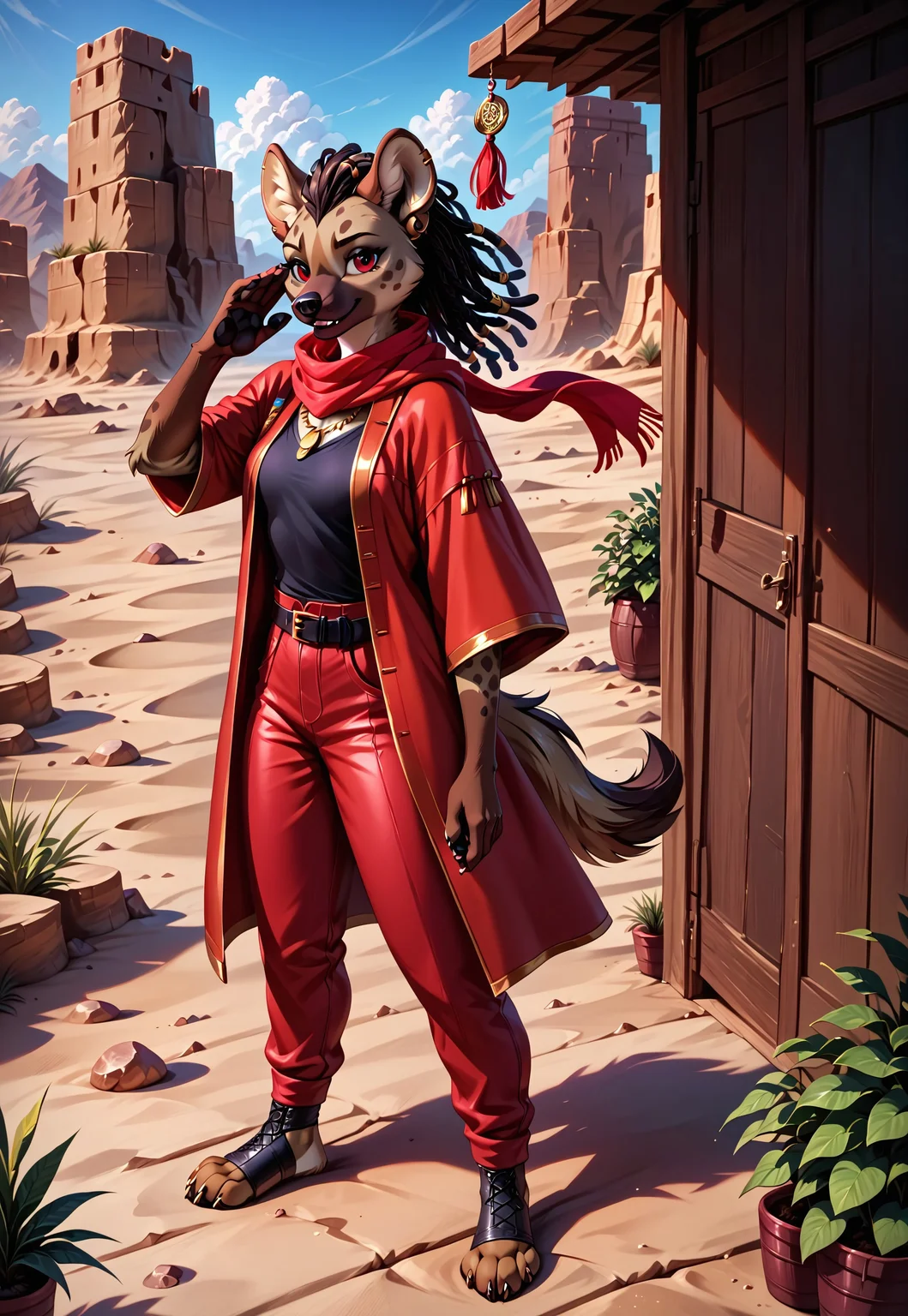 score_9, score_8_up, score_7_up, score_6_up, photorealistic, epiCPhotoGasm-colorfulPhoto, Realistic, highres, super high resolution, 8k, photo, furry, Furry, anthro, photo, hyper realistic, full-length, anthro, furry hyena girl, young, hyena fur, hyena ears, hyena tail, red cloak, cute face, red eyes, silky iris, black pupil, red cloak, red scarf, brown dreadlocks with a gold hairpin, clothes women's black top, red transparent red scarf, black belt, red trousers, gold necklace, best quality, against a desert background, against a background of rare plants, anthro, thin body, realistic, detailed, detailed fur, japanese style