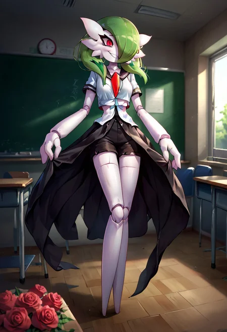 (((gardevoir))), female, anthro, pale white skin, score_9, score_8_up, score_7_up, source anime, , background, fancy school, classroom,, crazy, yandere, looking at viewer, depth of field, highly detailed, , green hair, red eyes, short hair with long locks, crazy eyes, Living Doll, looking at viewer, solo, cowboy shot, full body, horror, roses, black shorts, sailor shirt, doll, joints, bowing, smile, detailed eyes, cute face,, (Masterpiece), (expressive eyes),