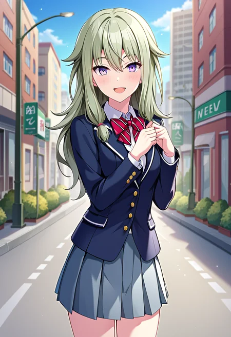 kusanagi_nene, long hair, green hair, purple eyes, school uniform, jacket, blush, skirt, bow, bowtie, shirt, white shirt, blazer, red bow, long sleeves, pleated skirt, blue blazer, collared shirt, plaid neck ribbon, sidelocks, official art, BREAK outside, city street, BREAK looking at viewer, sexy face, sexy smile, open mouth, cowboy shot BREAK score_9, score_8_up, score_7_up, source_anime ,zPDXL, perfect hand, <lora:Kusanagi_Nene:0.8>