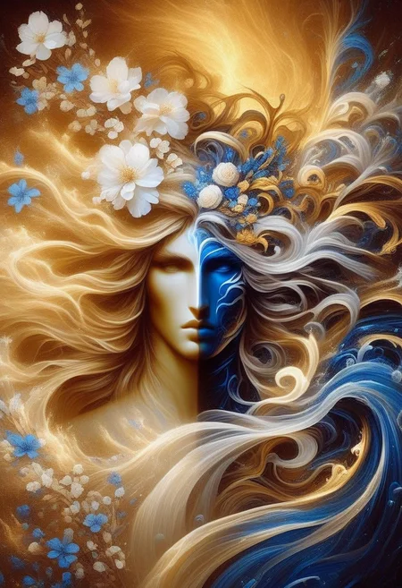 2d art, intricate detail, left hand side white/right hand side blue, maximalist scary beautiful watercolour, water element, water deity, flowing water, ocean theme, white/blue fantasy art cold colours white/ blue/ golden white flowers, head and shoulders portrait, 8k resolution concept art portrait by Greg Rutkowski, Artgerm, WLOP, Alphonse Mucha dynamic lighting hyperdetailed intricately detailed Splash art trending on Artstation triadic colors Unreal Engine 5 volumetric lighting