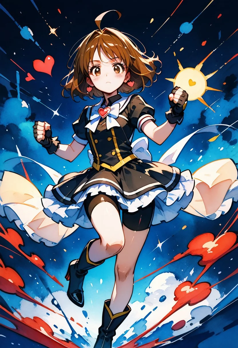 score_9,score_8_up,score_7_up,WATERCOLOR,1girl,solo,looking at viewer,blush,short hair,shirt,skirt,brown hair,gloves,bow,closed mouth,jewelry,brown eyes,standing,full body,ahoge,short sleeves,heart,earrings,frills,boots,shorts,black gloves,bowtie,black skirt,miniskirt,fingerless gloves,black footwear,high heels,black shirt,cosplay,black shorts,standing on one leg,white bow,magical girl,frilled skirt,brooch,bike shorts,clenched hands,high heel boots,white bowtie,shorts under skirt,heart earrings,heart brooch,bike shorts under skirt,misumi nagisa,cure black,