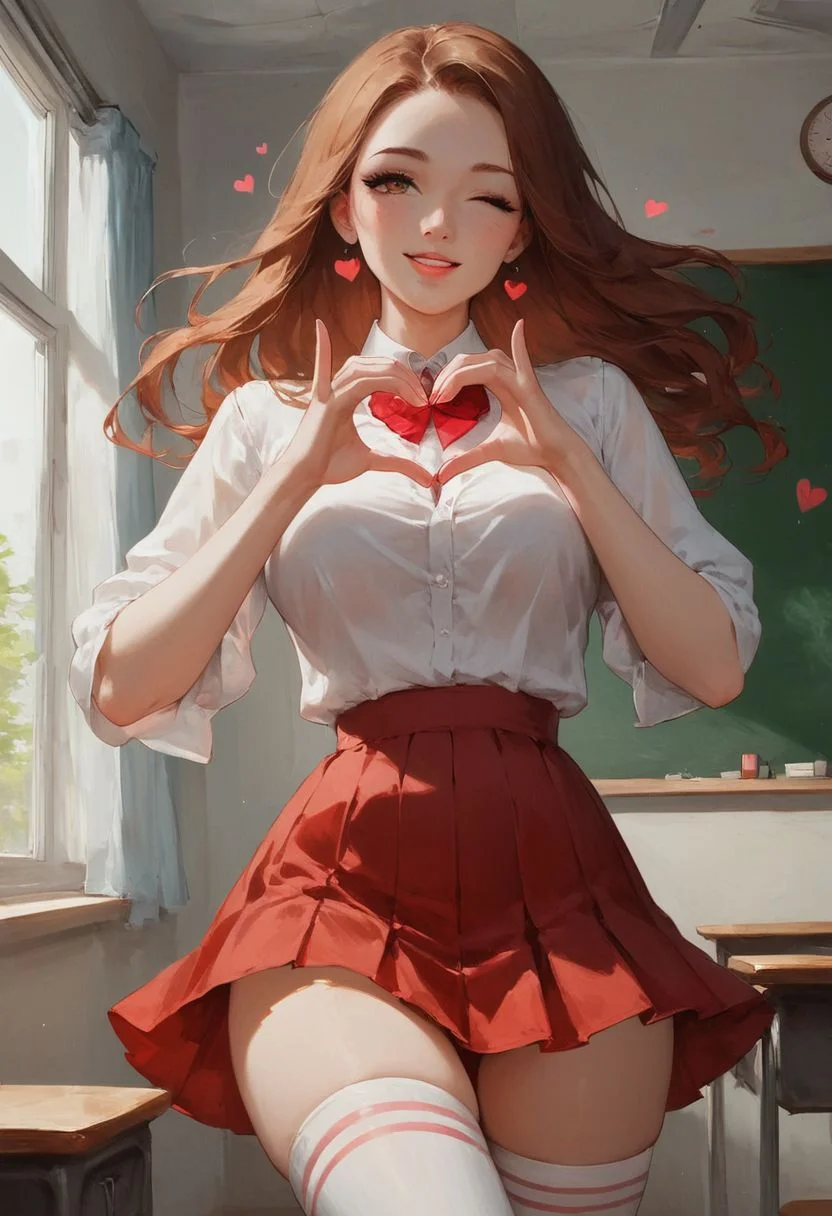 score_9, score_8_up, score_7, w1ln4y4, Expressiveh, digital painting, high quality, highly detailed, high contract, beautiful shading, 1girl, hourglass figure, wide hips, long brown hair, brown eyes, happy eyes, long black eyelashes, dark eyeshadow, cute smile, parted lips, white shirt, red bowtie blue pleaded short skirt, thigh high socks, arched back, classroom, Heart Hands, wink, floating heart