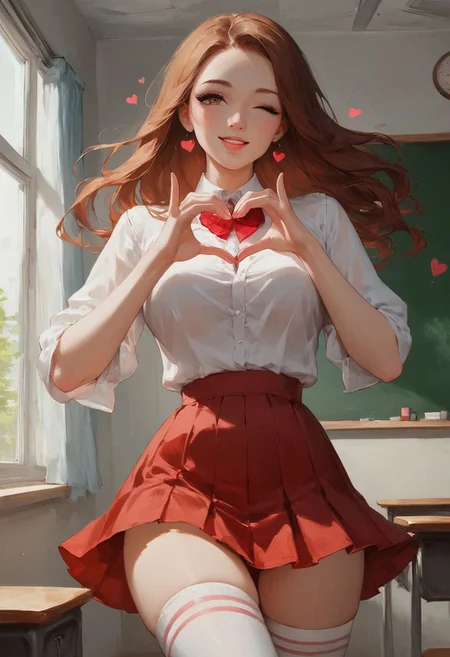 score_9, score_8_up, score_7, w1ln4y4, Expressiveh, digital painting, high quality, highly detailed, high contract, beautiful shading, 1girl, hourglass figure, wide hips, long brown hair, brown eyes, happy eyes, long black eyelashes, dark eyeshadow, cute smile, parted lips, white shirt, red bowtie blue pleaded short skirt, thigh high socks, arched back, classroom, Heart Hands, wink, floating heart