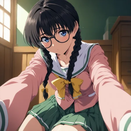 masterpiece,high score,great score,absurdres,solo,looking at viewer,school_uniform,<lora:Shiho_Replay ag4o v1:1> shiho_replay, glasses, black hair, long hair, blue eyes,twin braids,pink long sleeves,yellow bow,green skirt,
